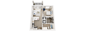 A dollhouse with a white interior and furniture.