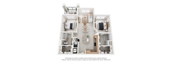 A 3D floor plan of a house with a kitchen, living room, and two bedrooms.