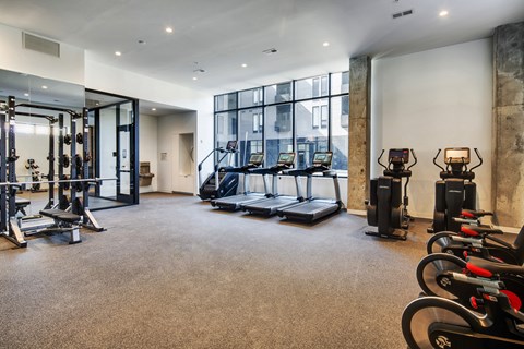 A spacious gym with a variety of equipment including treadmills, weights, and exercise machines.