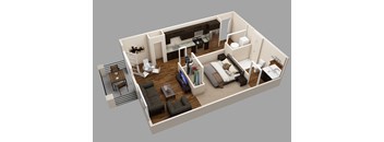 A 3D rendered image of a modern apartment layout.