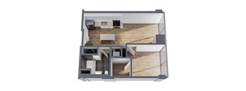 A 3D floor plan of a house with a kitchen, living room, and two bedrooms.