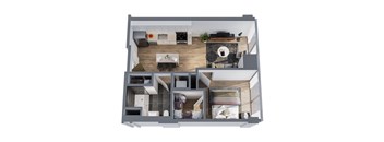 A top-down view of a house layout with a living room, kitchen, and bedrooms.