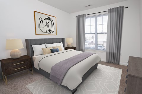 A bedroom with a large bed, a nightstand with a lamp, and a painting on the wall.