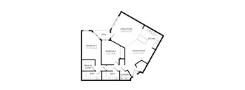 A floor plan of a house with a living room, two bedrooms, a dining room, a kitchen, a laundry room, and a walk-in closet.
