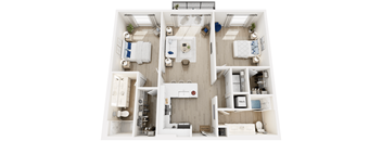 A top-down view of a small, neatly organized apartment with a bedroom, bathroom, kitchen, and living room.