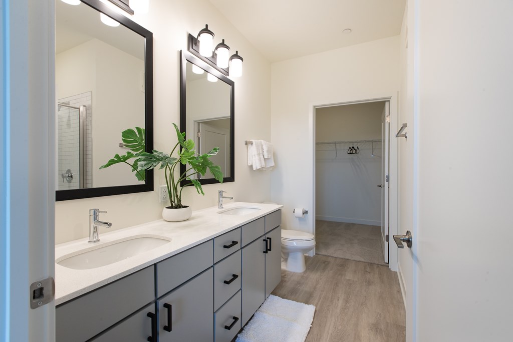 a bathroom with two sinks and a toilet