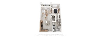 A 3D floor plan of a small apartment with a kitchen, living room, and bathroom.