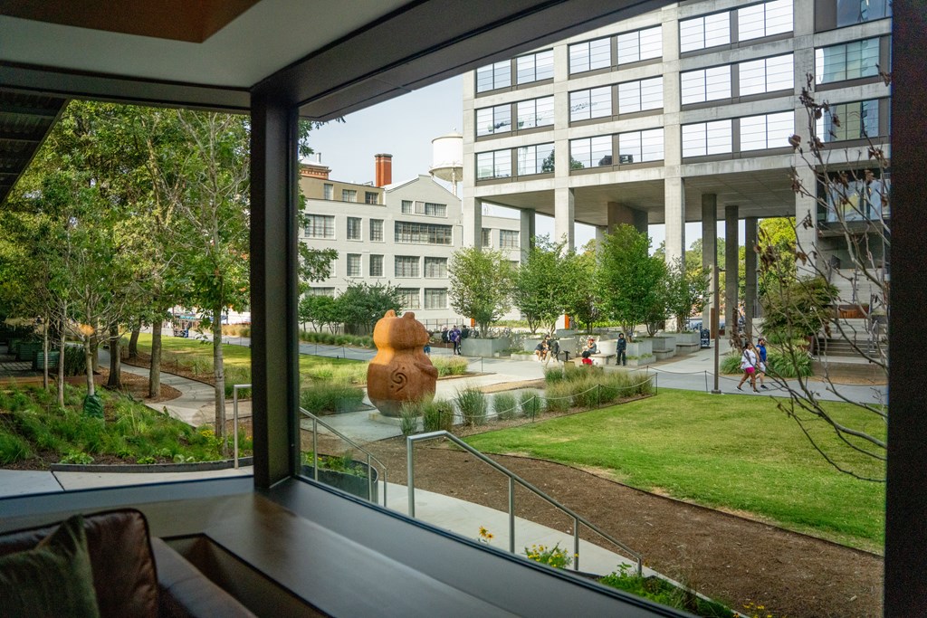 a view of a park from a window of a building
