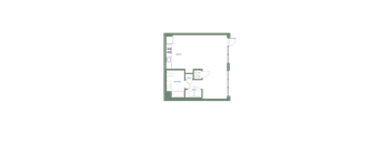 A floor plan of a room with furniture and appliances.
