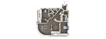 A detailed 3D floor plan of a house showing the layout of the rooms and furniture.