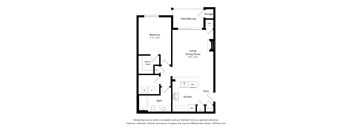 A floor plan of a small apartment with a bedroom, living room, kitchen, and bathroom.