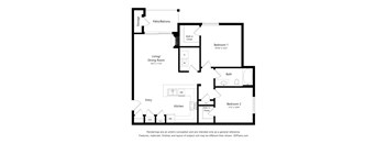A floor plan of a two bedroom apartment with a living and dining room.