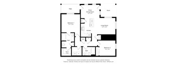 A floor plan of a house with a living room, two bedrooms, a bathroom, and a porch.