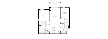 A floor plan of a two bedroom apartment with a living/dining room and a kitchen.
