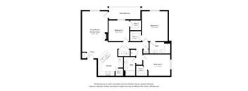 A floor plan of a house with a living room, dining room, kitchen, and three bedrooms.