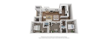 A 3D floor plan of a house with a kitchen, living room, and two bedrooms.