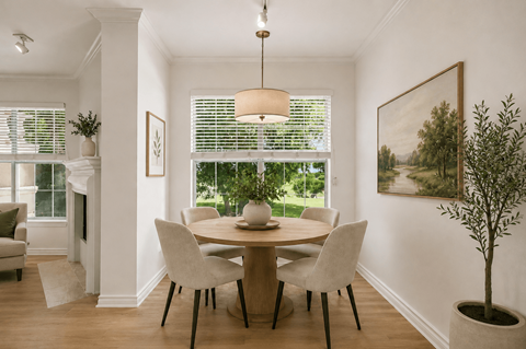 A dining room with a table at St Moritz in Dallas Texas