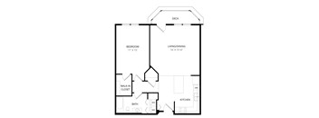 A black and white image of a floor plan for a small apartment.