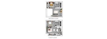 A diagram showing the layout of a two-story apartment.