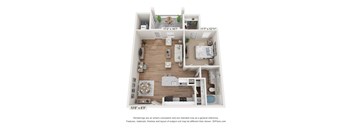A 3D floor plan of a small apartment with a kitchen, living room, and bedroom.