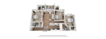 A 3D floor plan of a house with dimensions of each room.