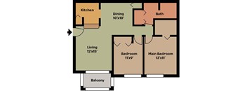 A floor plan of a house with a living room, dining room, kitchen, two bedrooms, a bath, and a balcony.