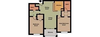 A floor plan of a house with a living room, dining room, kitchen, two bathrooms, a balcony, and two bedrooms.