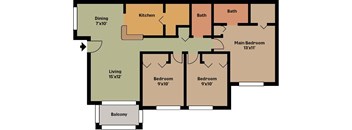 A floor plan of a house with a living room, two bedrooms, a kitchen, a bath, and a balcony.