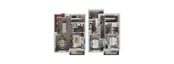 A 3D floor plan of a small apartment with a kitchen, living room, and bathroom.