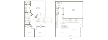 A floor plan of a house with two bedrooms, a living room, a dining room, a kitchen, a garage, and a utility area.