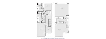 A floor plan of a house with two sections, one with a kitchen and living room, and the other with a bedroom and bathroom.