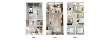 Three images showing the layout of a two-level apartment.