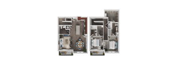 A floor plan of a house with a living room, kitchen, and dining area.