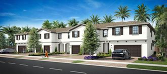 a rendering of a white house with a garage and palm trees
