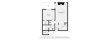 A floor plan of a house with a living room, bedroom, bathroom, kitchen, and storage.