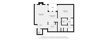 A floor plan of a house with a living room, dining room, kitchen, bedroom and bathroom.