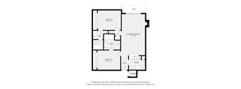 A floor plan of a home with a living room, two bathrooms, a kitchen, two bedrooms, and a storage area.