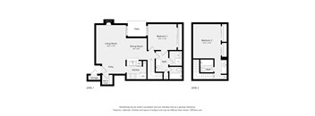 A floor plan of a two level home with a living room, dining room, kitchen, two bedrooms, and two bathrooms.