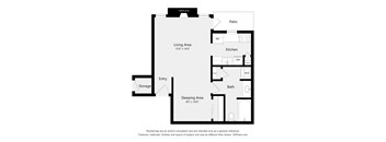 A floor plan of a small apartment with a living area, kitchen, sleeping area, bath, entry and storage.