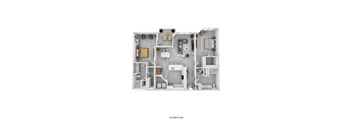 A floor plan of a small apartment with a kitchen, living room, and two bedrooms.