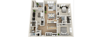 A 3D floor plan of a small apartment with a kitchen, living room, and bedroom.
