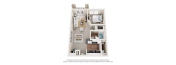 A 3D floor plan of a small apartment with a kitchen, living room, and bedroom.