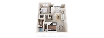 A 3D floor plan of a small apartment with a kitchen, living room, and bathroom.