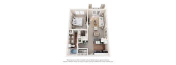 A 3D floor plan of a small apartment with a kitchen, living room, and two bedrooms.
