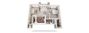 A 3D floor plan of a house with a kitchen, living room, and bedrooms.