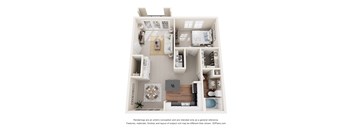 A 3D floor plan of a house with a kitchen, living room, and bedrooms.