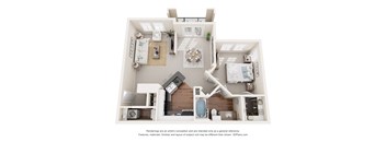A 3D floor plan of a house with a kitchen, living room, and bathroom.