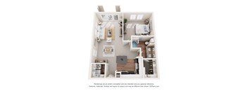 A 3D floor plan of a small apartment with a kitchen, living room, and bathroom.