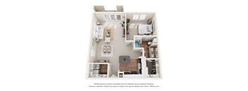 A 3D floor plan of a small apartment with a kitchen, living room, bedroom, and bathroom.