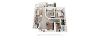 A 3D floor plan of a house with a kitchen, living room, and bedrooms.